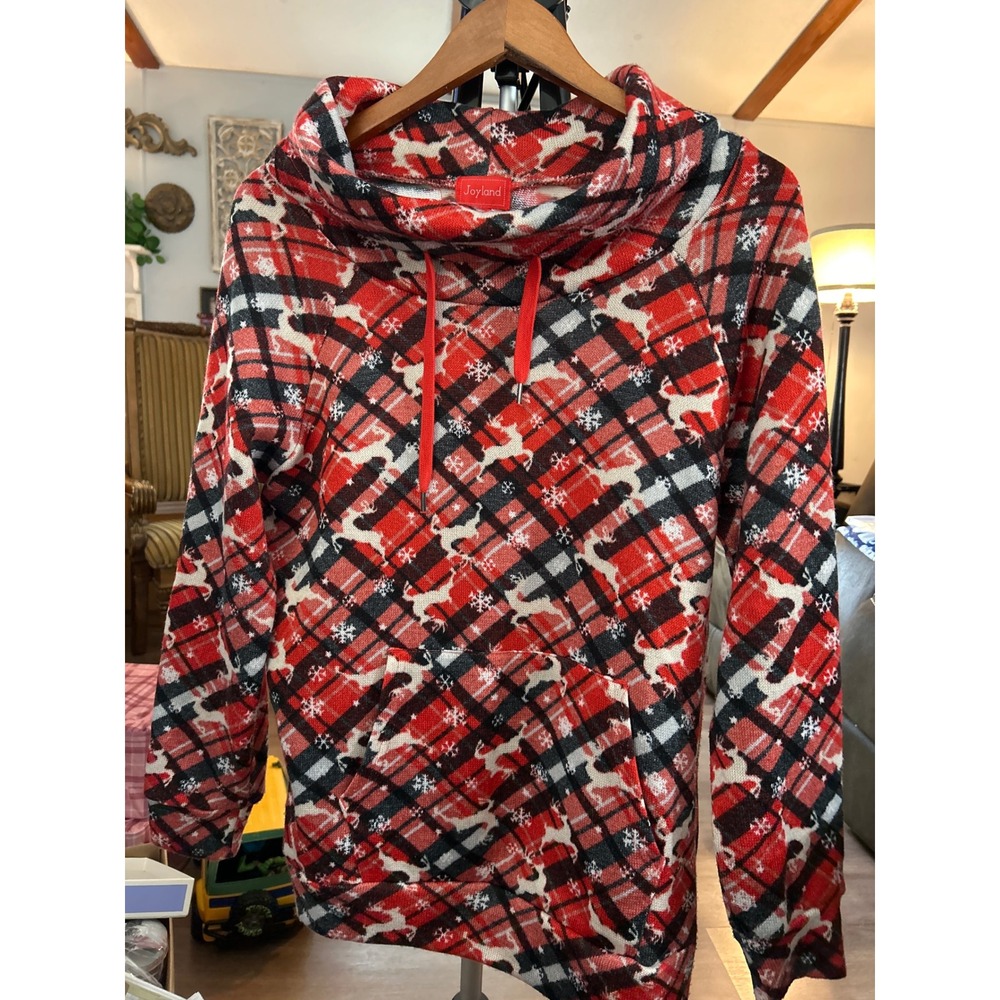 Joyland‎ Womens Red Black Plaid Reindeer Snowflake Christmas Hoodie Cowl Neck M
